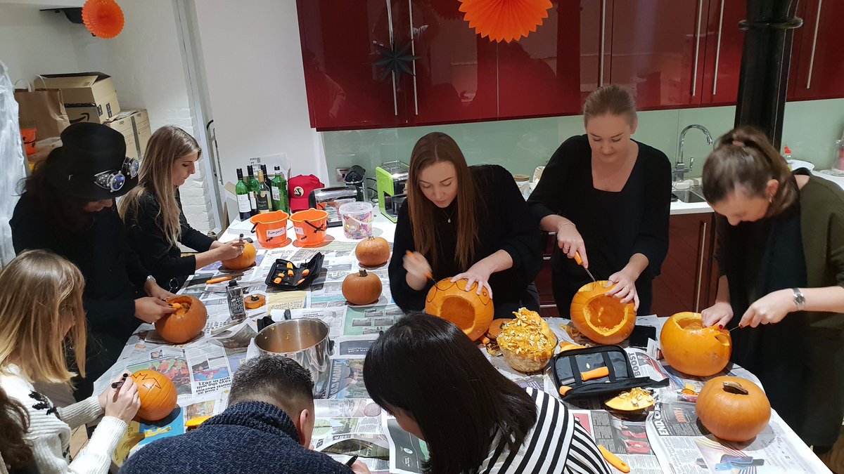clive_agency's tweet photo. The Clive and @FIRST_events Halloween pumpkin carving competition reached peak fierceness earlier today, luckily our office trick or treater Danelle had a devilish spread for those creepy carvers!

#HappyHalloween #jackolantern https://t.co/fCakVAht8c