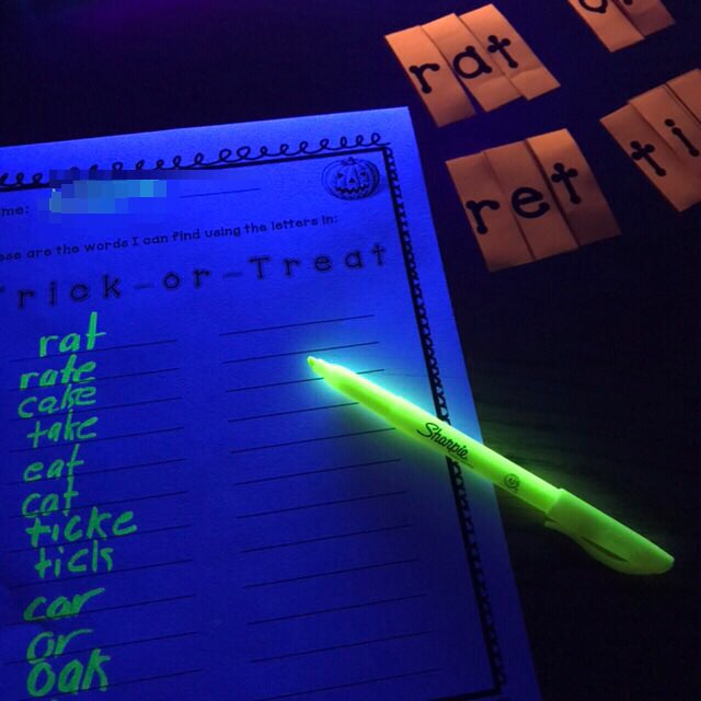 Seeing what words we can make using the letters in “trick-or-treat” - Black light style!! #AshlandSOAR