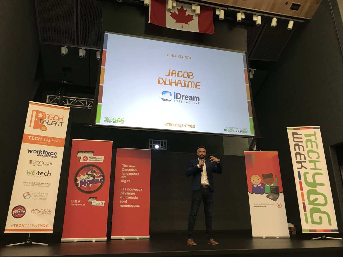 Jacob Duhaime, Founder of iDream Interactive and alumnus of <a href="/StClairCollege/">St. Clair College</a>, speaks to the student about his #tech journey. 

#TechTalentYQG #TechWeekYQG #YQG