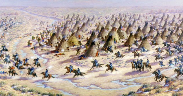 21) Thus, when Col. Jamers Chivington ordered his men to massacre women and children at Sand Creek in Colorado in 1864, he justified it with the exhortation: “Nits make lice!” An estimated 500 people, all natives, were killed.