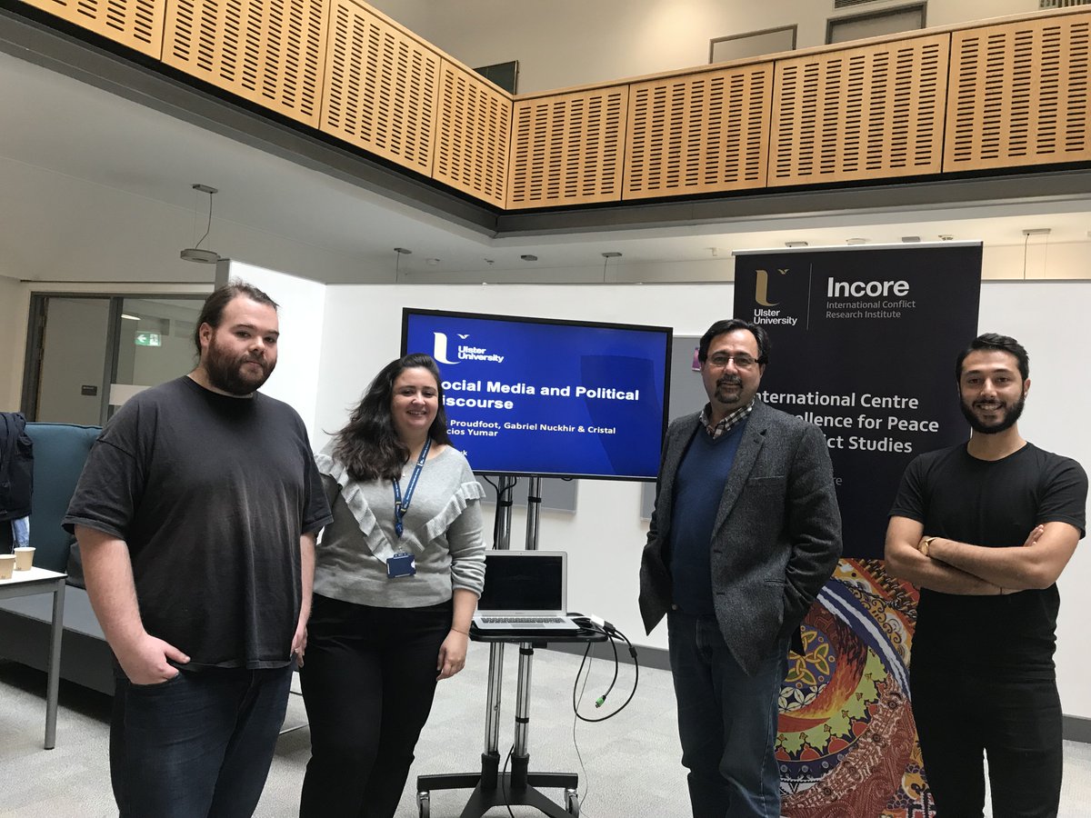 INCOREinfo's tweet photo. Great to be working today with our MSc and PhD students presenting #BuildPeace2018 highlighting their research on the role of social media in promoting or creating social division #PeaceTech @howtobuildpeace @UlsterUni @UlsterUniPhD @gabrielnuckhir @apro020 @CristalPalacios https://t.co/e1lIVsioMm