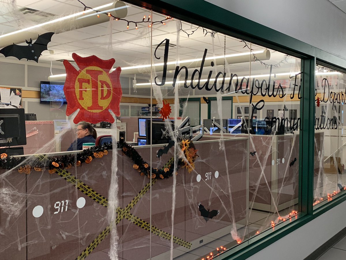 IFD_NEWS's tweet photo. #IFD Fire Dispatch rollin out the  #Halloween⁠ ⁠Spirit! 🎃 These dedicated, hardworking Tele-Communicators ARE the sharpest crayons in the box w/ rockin supervisor Sheryl dressed up as a dispatcher 👻 #KeepItSafeIndy &amp; May all your #TrickOrTreating adventures be sweet 🍭🍭🍭 https://t.co/AR1Nj0Sl19
