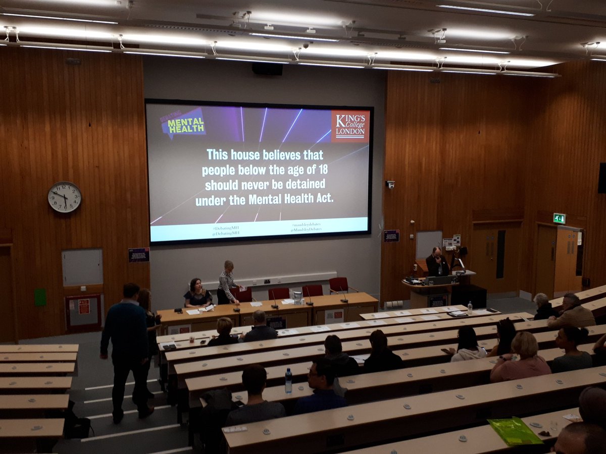 RCPCH_and_Us's tweet photo. People are arriving @MaudsleyDebates sell out event this evening to listen to young people take centre stage #DebatingMH #voicematters #MentalHealthMatters https://t.co/nD3VMjEJeu