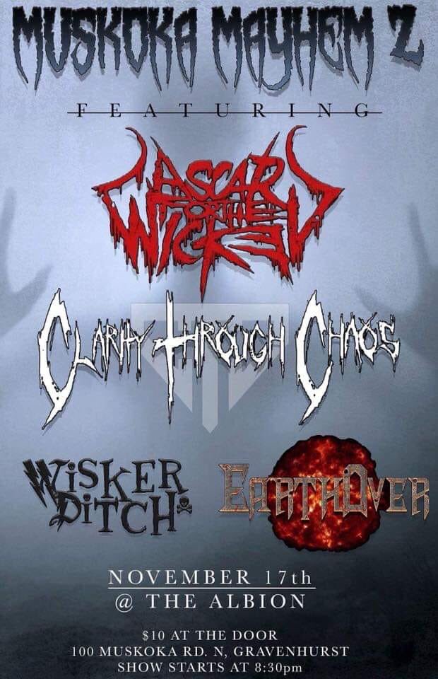 Muskoka Mayhem 2 is happening on November 17th at The Albion! Come out for some good tunes and support your local bands!
#muskokamayhem2 
#ClarityThroughChaos #muskokametal #canadianmetal #ontariometal #happyhalloween #metal #melodicdeathmetal #groovemetal #deathmetal