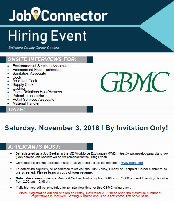 BaltCoGov's tweet photo. JOB ALERT: Greater Baltimore Medical Center (@GBMCHealthcare) will be holding a Hiring Event for Various positions TOMORROW. Register here https://t.co/rOzFijWMsQ by noon TODAY to attend! #JobConnector #BaltCoJobs #BaltCoCareers #WorkInBaltCo https://t.co/DTmBcgafCX
