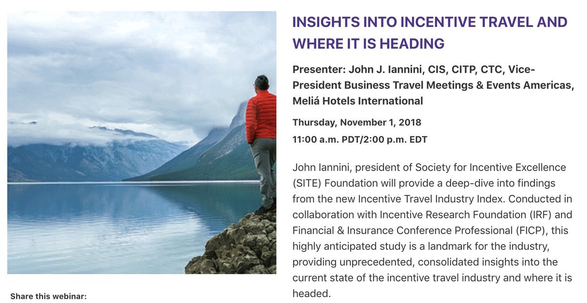SITEGlobal's tweet image. WEBINAR NOV 1st: Insights Into Incentive Travel and Where It Is Heading

John Iannini, President SITE Foundation, will provide a deep-dive into findings from the new Incentive Travel Industry Index - register smartmeetings.com/webinars/insig…