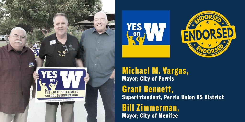 VoteYesOnW's tweet photo. Endorsed by both Mayors, Measure W will give every student in Menifee, Perris, Nuevo, and Romoland a chance at 21st-Century success.
https://t.co/ziQAQzDPN3
#Menifee #Perris #Nuevo #Romoland https://t.co/tYHbHtuQ8k