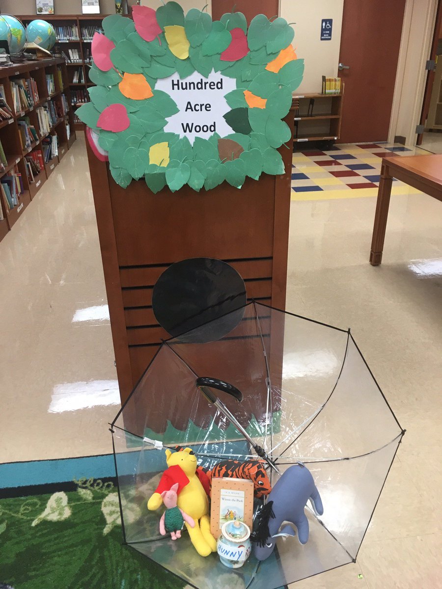 HRESLMedia's tweet photo. We had a Very Grand Time in the library media center today,  Storybook Dress Up! Our shelves became the Hundred Acre Wood with Pooh and Friends :) https://t.co/DTphhjYhyc