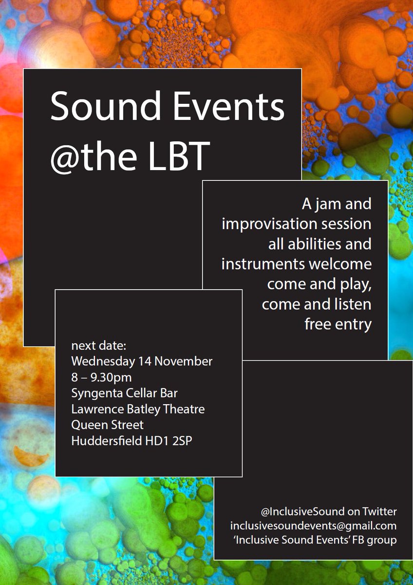 InclusiveSound's tweet photo. Next Sound Events improv session is in a fortnight's time on 14 Nov - come along to the @theLBT cellar bar and join in the music-making! Starts 8pm prompt, free entry, all welcome. https://t.co/dEwqI0Bx7t