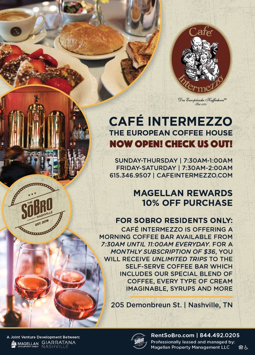 Have you heard? <a href="/CafeIntermezzo/">Cafe Intermezzo</a> is NOW OPEN at #TheSoBro! Enjoy coffee, cocktails, &amp; more every day!