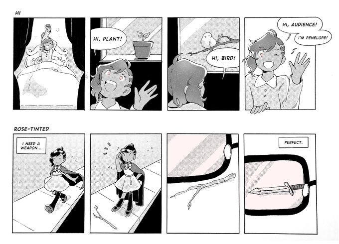 A series of comic strips featuring @TrueNorth_Game 's Penelope! It shows off her in-game mechanic (pov switching), I hope you enjoy her dumbass energy! ✨? 
#inktober 