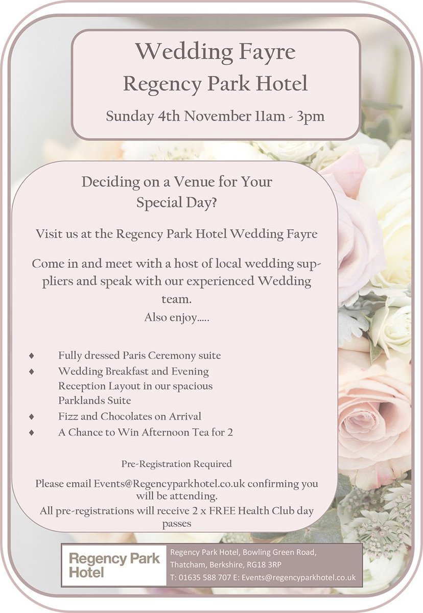 suitsnewbury's tweet photo. We are exhibiting at the @RPH_thatcham #Wedding Fair on Sunday 4th November 2018 - 11:00am - 3:00pm Pre-Registration is required to confirm you will be attending. All pre-registrations will receive 2 x FREE Health Club day passes: https://t.co/pW1rdZMYsV https://t.co/PVusyKYevp