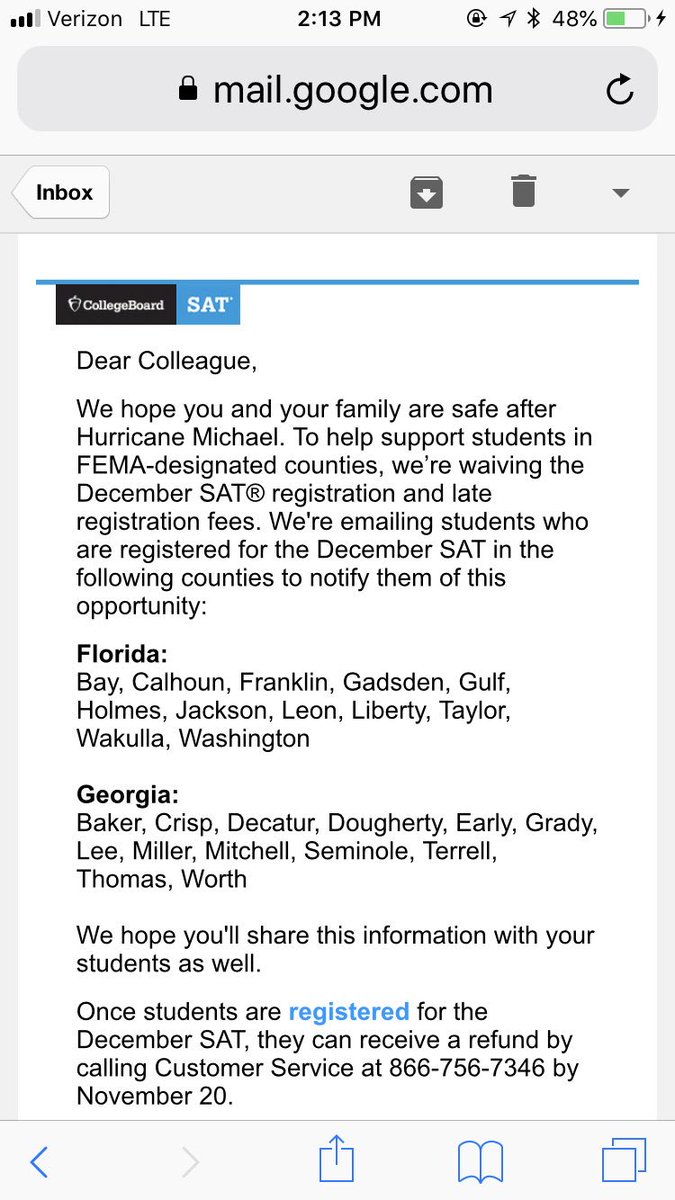 bay_aice's tweet photo. FREE registration for the December SAT for ALL students in Bay County- #HurricaneMichael #850Strong https://t.co/ohx19xn8UD