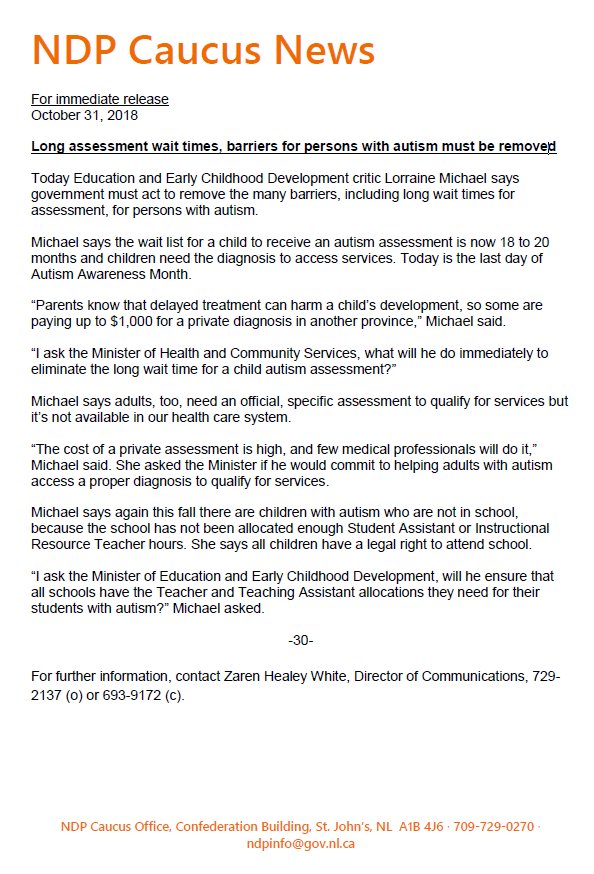 NLNDPCaucus's tweet photo. Long assessment wait times, barriers for persons with autism must be removed: @lorrainemichael
https://t.co/6GDdV5wGVs
#nlpoli @GerryRogersMHA #nlpoli https://t.co/tAk1O51P4I