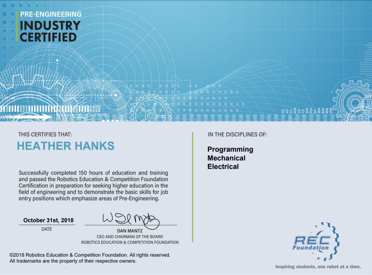 hlhanks's tweet photo. All treats, no tricks today! Passed four certification exams to become @REC_Foundation certified in Pre-Engineering & Robotics! A great way to end #STEMtober! Next up: @BdaleRobotics students! #CertsUpHCPS https://t.co/Ge6Qt4zjMu