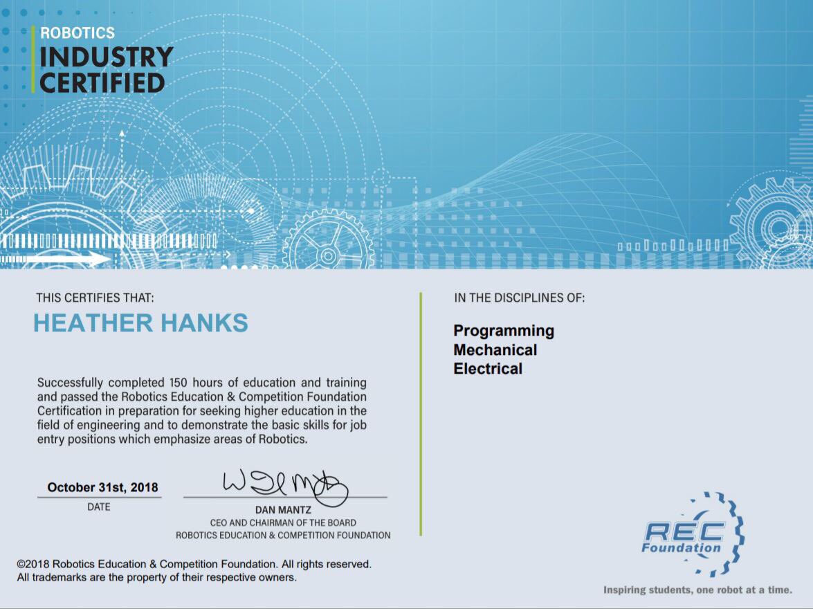 hlhanks's tweet photo. All treats, no tricks today! Passed four certification exams to become @REC_Foundation certified in Pre-Engineering & Robotics! A great way to end #STEMtober! Next up: @BdaleRobotics students! #CertsUpHCPS https://t.co/Ge6Qt4zjMu