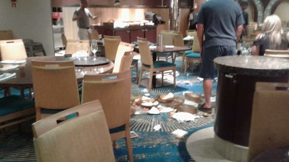 ClayLePard's tweet photo. This is the inside of the Carnival Sunshine cruise ship on Sunday evening. @CarnivalCruise says the ship listed (tilted or leaned) because of a technical issue just hours after leaving @PortCanaveral. 

(H/t to David Crews for the pictures) https://t.co/usSaQsZBzG
