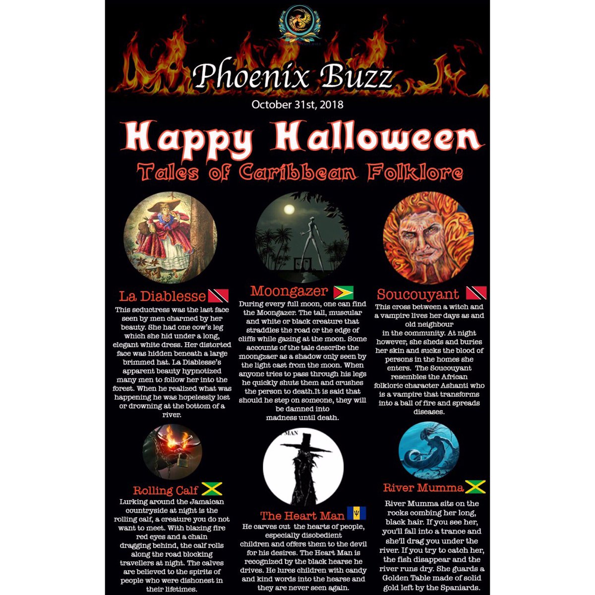 L_RobinsonHall's tweet image. The LRH Publications Committee brings you Halloween greetings!! 👻 🎃 
-
This edition of the Phoenix Buzz features some chilling characters in Caribbean Folklore! 🦇 
-
Have a Spooky Day! 👀 
-
#PicsPlease #IAmLRH #PhoenixPride