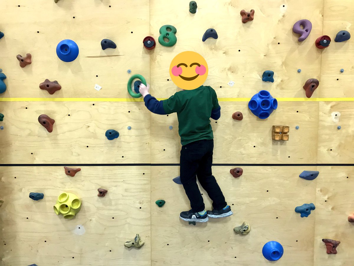 NXiongPE's tweet photo. At first he was afraid to use the climbing wall. As soon as I added donuts (rings) for him to collect, up he went! 🍩🍩🍩 #Teach4Me #adaptedPE #ape #sdpe #PhysEd https://t.co/ltCl9npvE2