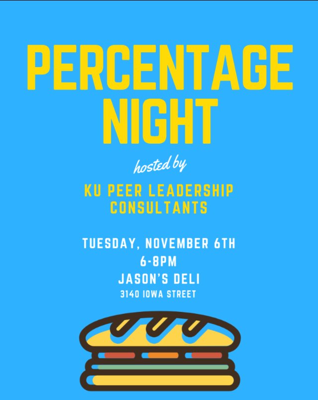 KU_PLCs's tweet photo. Come support our first ever percentage night by showing this flyer on November 6th at Jason's Deli!!! https://t.co/Y2WjE9rG6w