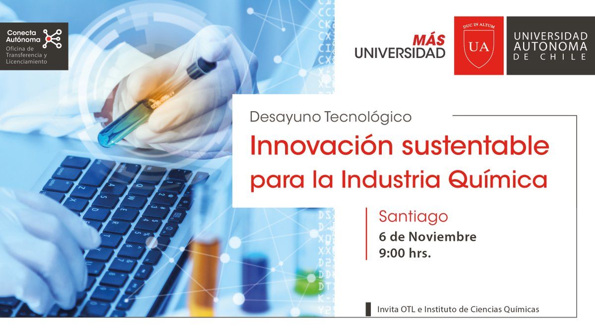 explorarmso's tweet photo. Queda poco para #desayunotecnológico conecta académicos del Instituto de Ciencias Químicas Aplicadas de la @autonomadechile con empresas del sector. 
El programa #ConectaAutonoma vinculando la  universidad e industria!
@ivansuazo @Cris_ciencias @AdriasolaMario @ciencias_chile https://t.co/p6XBbqLUiJ