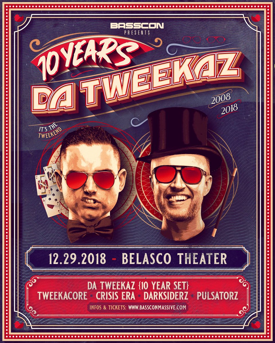 bassconmassive's tweet image. Who’s ready to party?! 🎉 Join us New Years Tweekend for a special 10 YEAR celebration of @DaTweekaz with @tweekacore, @CrisisEra, @DarksiderzMusic, and @Pulsatorz! 

Tickets on sale this Friday!