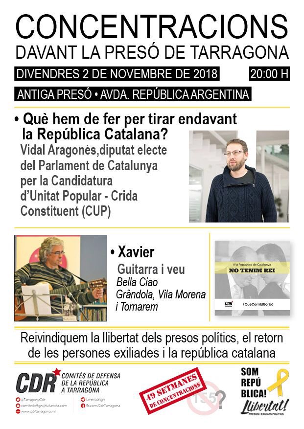 TarragonaCdr's tweet photo. Seguim reivindicant la llibertat de les preses polítiques i el retorn de les exiliades! 

📅2/11/2018
⏰A les 20h
📍Antiga presó de #Tarragona 

Comptarem amb la participació de @VidalAragones, diputat de la @cupnacional, i la música del Xavier🎼!

Vine i participa! https://t.co/0MVUGwWgg8
