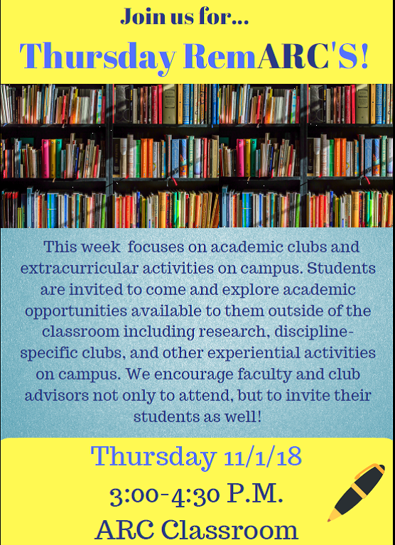 AnselmianARC's tweet photo. Join us tomorrow for Thursday RemARCs at 3:00 P.M. in the ARC Classroom! We look forward to seeing you there. https://t.co/Gkh0igoLny