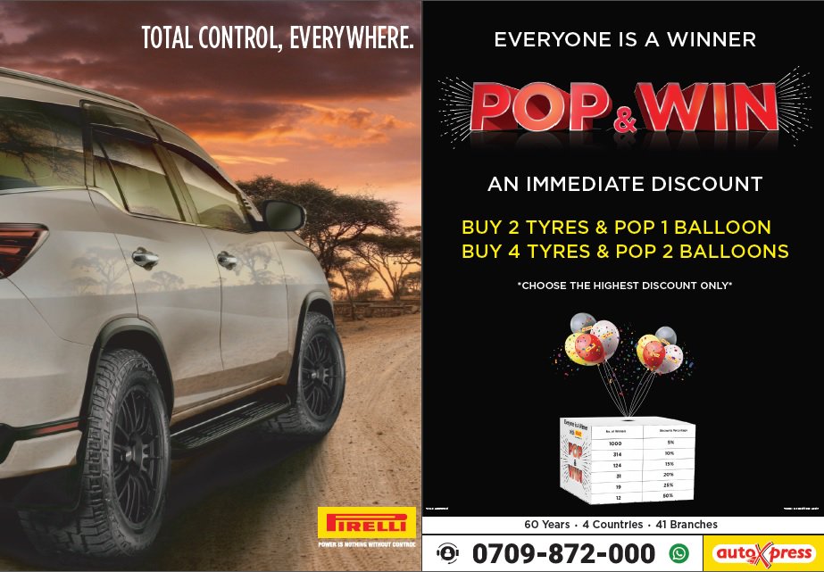 AutoxpressKenya's tweet photo. Pop &amp; Win an immediate DISCOUNT on Pirelli tyres ONLY at AutoXpress! #PopAndWin #Pirelli #AutoXpress #LovedCarsLoveUs https://t.co/gdo2buqoAN
