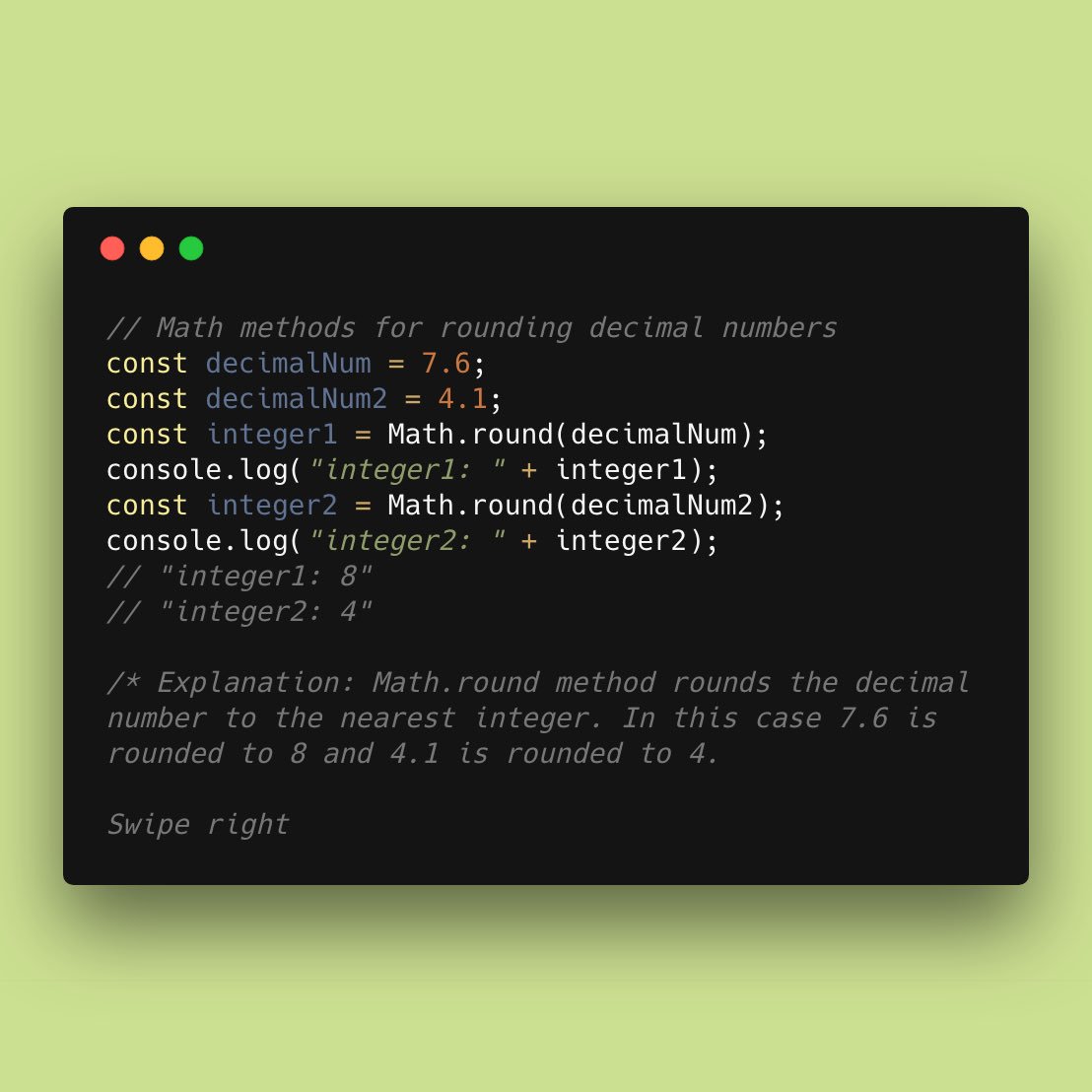 ashu_js's tweet photo. Happy haloween guys 🎊

Math methods for rounding decimal numbers. These methods really comes handy while building real world applications.

#code #html5 #css3 #javascript #frontend #developer #java #womenintech #100DaysOfCode #programming #tech #ashujs https://t.co/gjf9NYEulW