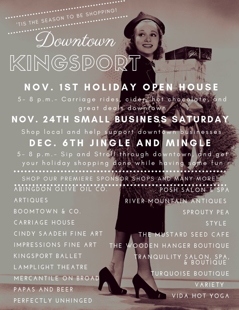 TOMORROW! You won't want to miss Holiday Open House in #DowntownKingsport from 5 -8 p.m.! And go ahead and mark your calendars for our other festive shopping events in #DowntownKingsport !