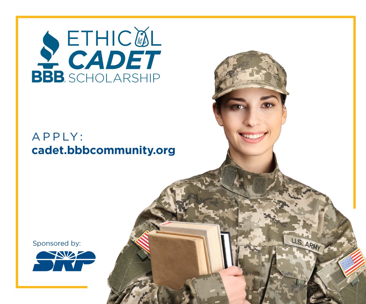 #JROTC Student Scholarship Opportunity! Earn a $1,000 #scholarship through the #BBB Ethical Cadet Scholarship program sponsored by <a href="/SRPconnect/">Salt River Project</a>. Each cadet's JROTC program will also receive a $1,000. Apply now: cadet.bbbcommunity.org. Deadline is November 30.