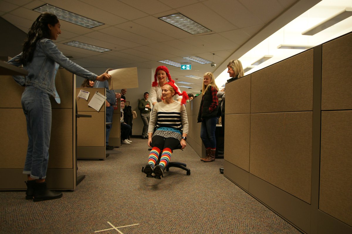 sprcat1's tweet photo. Halloween fun at Library Square! Team partner @SylvieFBerube and I participating in the #ESDCCC chair race! https://t.co/vFxN0tMfSX
