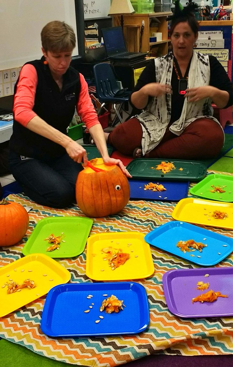 BritatheMs's tweet image. So much fun working with pumpkins today ... Science Rocks! #theCLESway #teacherlife #Kindergarten #getyourhandsdirty #deaf #ci #weusesign #thelittleoneslovedit #handson #getkidsinvolved #pumpkin #countingpumpkinseeds #pumpkinseeds #smiles #giggles #science #sciencerocks