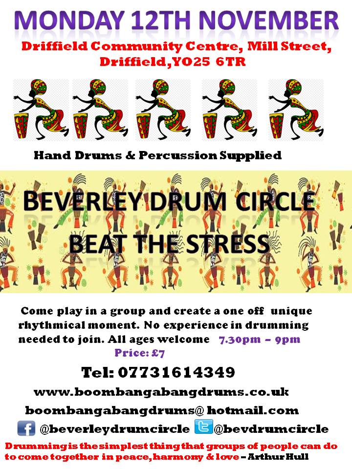 bevdrumcircle's tweet image. Driffield Drum Circle Nov date @WoldsWeekly @DriffieldNews @DestinationBev @discoverHullEY @hulllive @VisitHull @VHEY_UK @HuFringe @Visit_Beverley