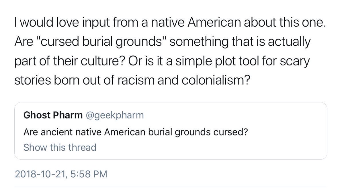 As a settler anthropologist, I claim the “Cursed Indian Burial Grounds” myth as part of *settler culture*, which is indeed a scary story born of racism and colonialism. An awful thread of real graveyard horrors... 1/