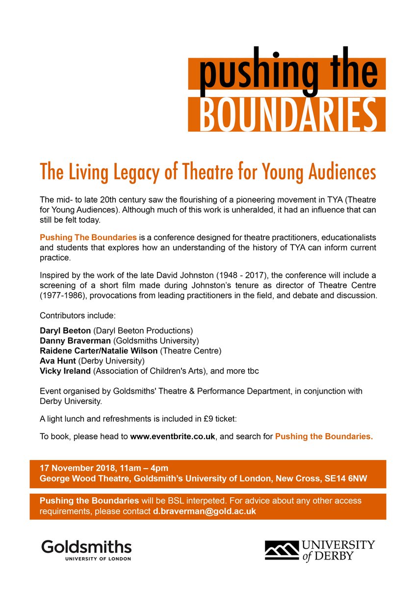 avahunt's tweet image. Debate the great, Create a vision for theatre for young people Conference #PUSINGTHEBOUNDARIES @GoldsmithsUoL Speakers include: @roywilliams31 @Theatre_Centre @DannyBraverman @VickyIreland_  Saturday 17th November 10.30 : Please RT