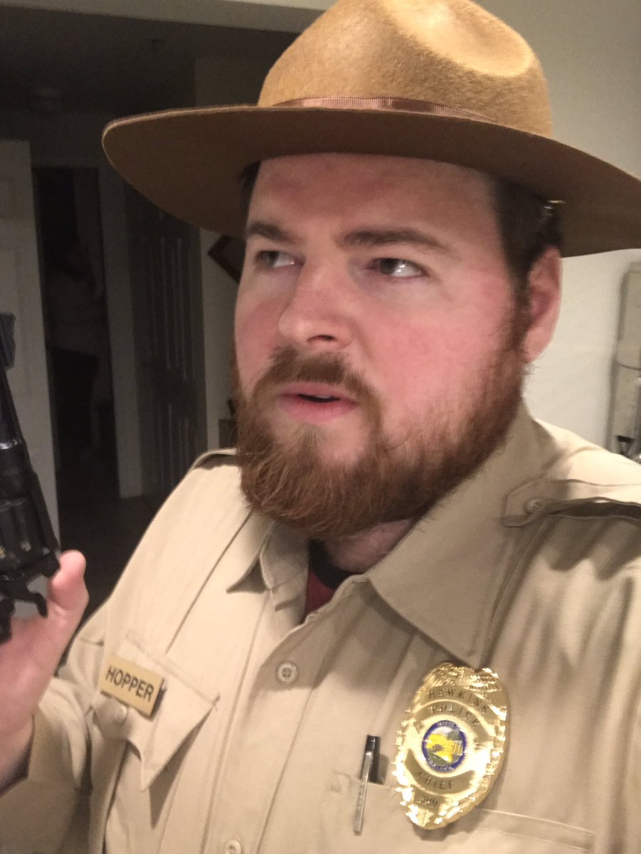 ALMarnik's tweet photo. @DavidKHarbour Happy Halloween! Rate my costume? 1 (never dress in my image again) out 10 (you’re the bee’s knees!) https://t.co/QZkP0MdBnx