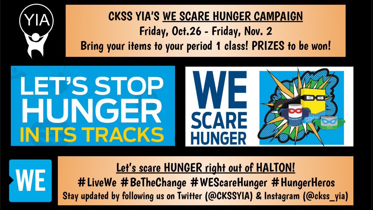 TaniaMcPhee's tweet photo. Good luck to our @KielburgerSS @CKSSYIA students who are trick or treating for non perishable food items tonight to support our local foodbanks! #WeScareHunger @craigkielburger @wemovement #bethechange #livewe #activeglobalcitizens #getdoing https://t.co/C5UDsOPnuZ
