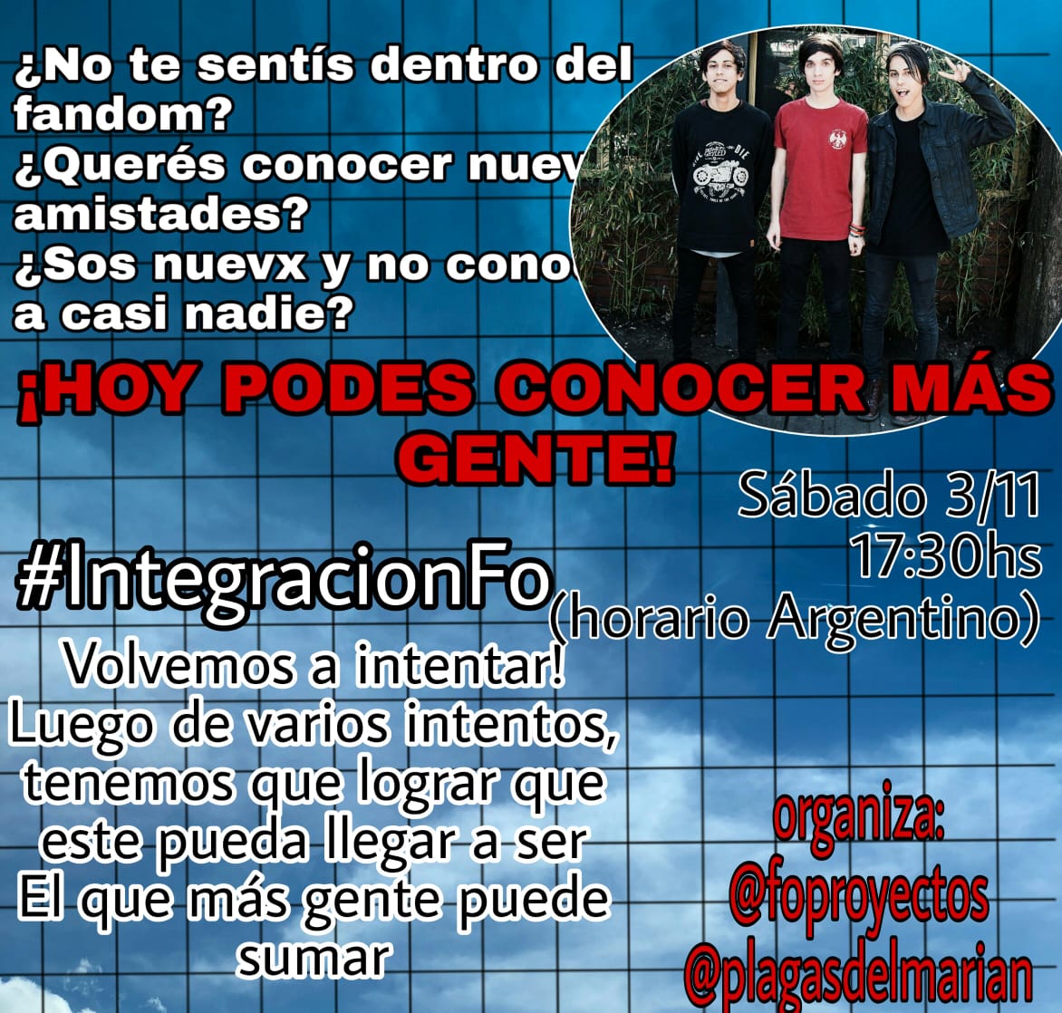 Foproyectos's tweet photo. 🔥NUEVO HT🔥
Vamos a volver a intentar twittear con #IntegracionFo para que más personas estén integradas y se conozcan (además estamos planeando dinámicas)
Lxs esperamos el sábado a las 17:30 a todxs. Necesitamos mucha difusión de este ht porque la idea sería llegar a tendencias https://t.co/i0pSYdDwac