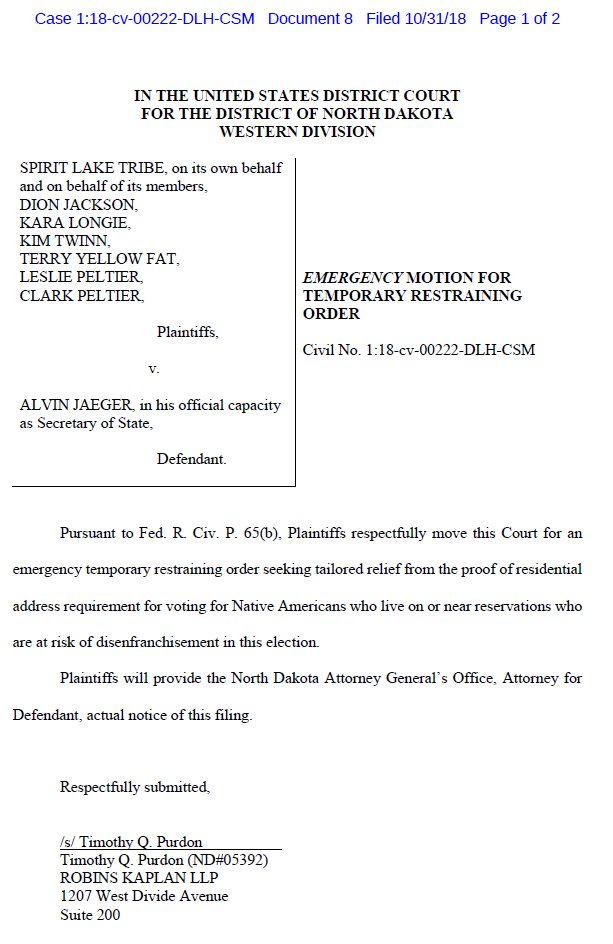 maddow's tweet image. Spirit Lake Tribe has just filed an Emergency Motion for a restraining order against the North Dakota law that is blocking Native Americans from voting: