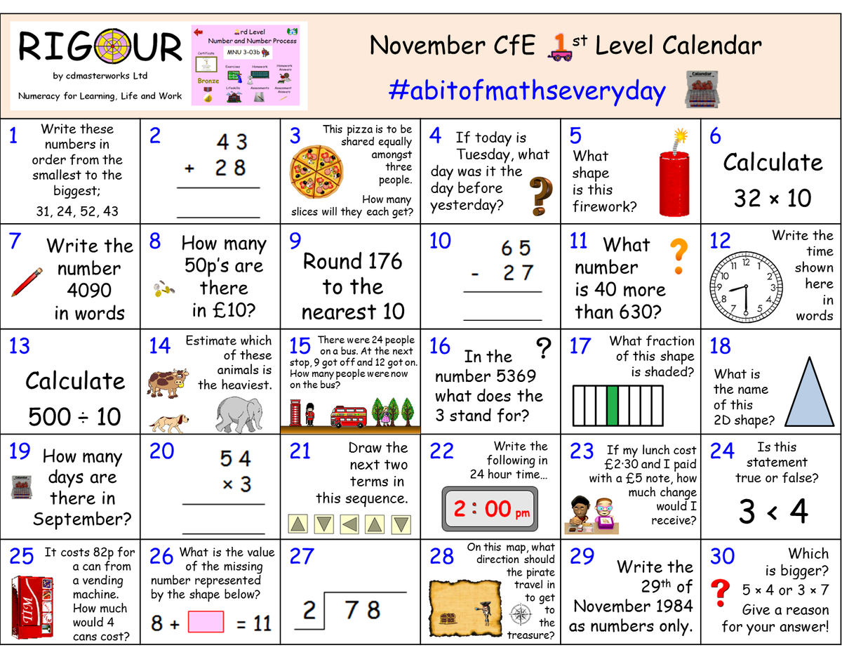 RigourMaths's tweet photo. The CfE Calendars for November are now available to download from our website; https://t.co/qoxBa8yUJH. There is also a spreadsheet to download to help analyse your class results #abitofmathseveryday #littleandoften https://t.co/mPkIIfjWib