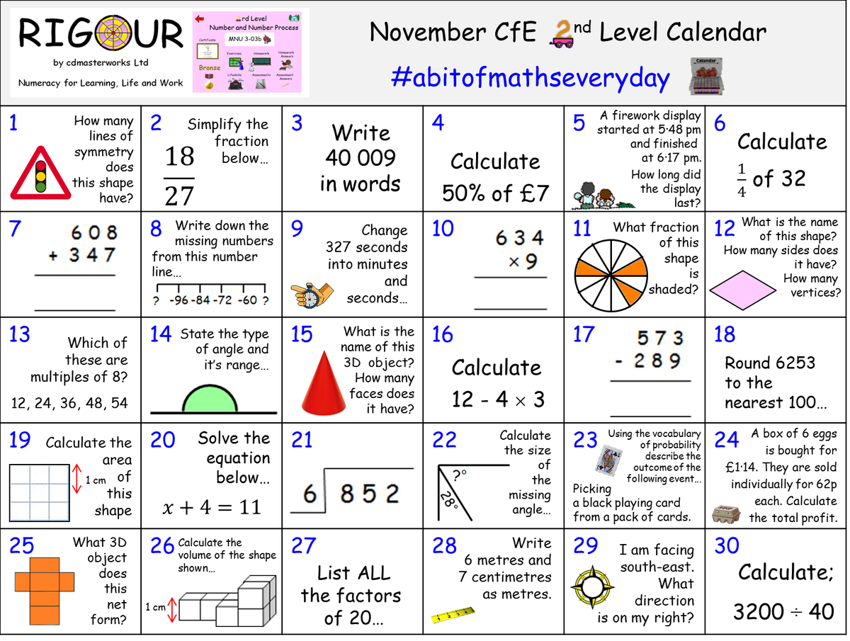 RigourMaths's tweet photo. The CfE Calendars for November are now available to download from our website; https://t.co/qoxBa8yUJH. There is also a spreadsheet to download to help analyse your class results #abitofmathseveryday #littleandoften https://t.co/mPkIIfjWib