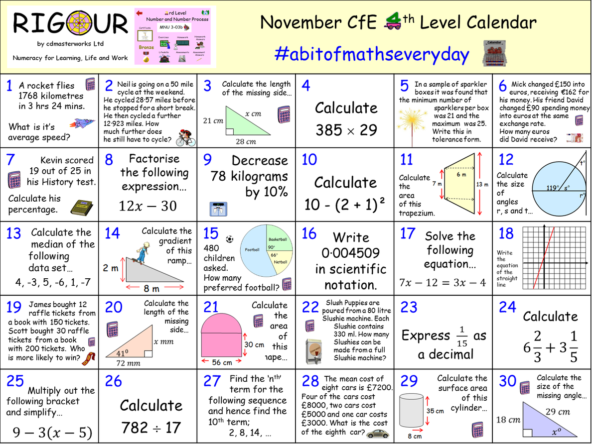 RigourMaths's tweet photo. The CfE Calendars for November are now available to download from our website; https://t.co/qoxBa8yUJH. There is also a spreadsheet to download to help analyse your class results #abitofmathseveryday #littleandoften https://t.co/mPkIIfjWib