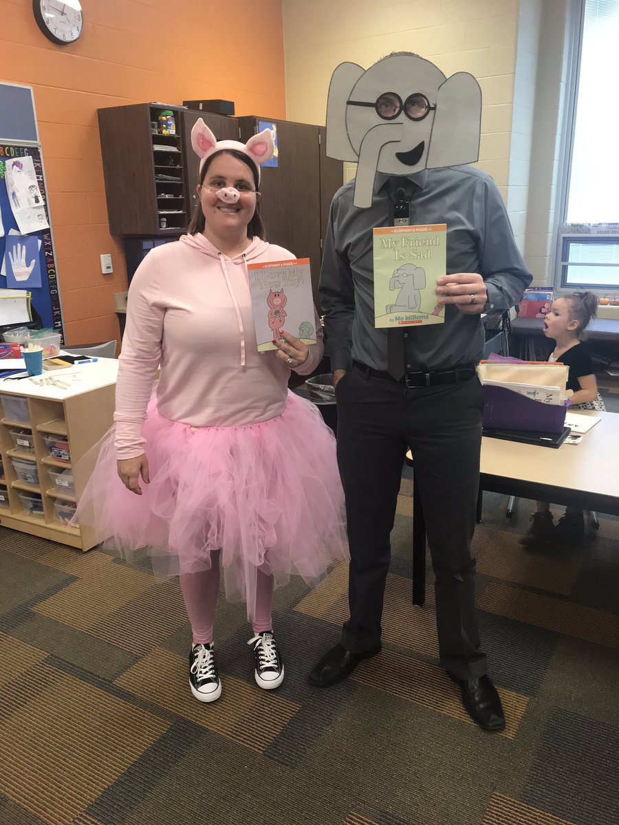 When teachers really love and connect to characters...you dress up like them! #mowillems #elephantandpiggie #welovetoread #Kindergarten @XeniaTecumseh @XeniaSchools