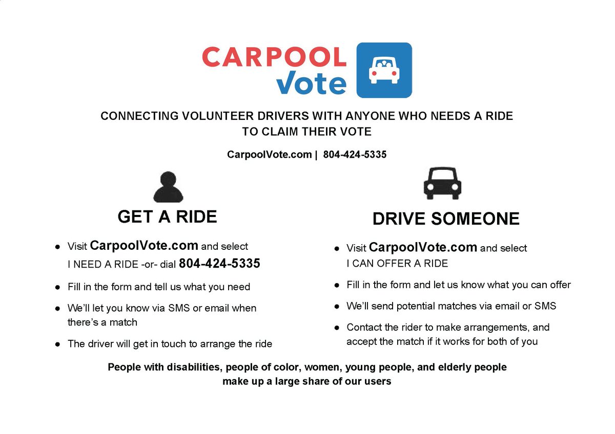 prog_code's tweet photo. #PushThePoster https://t.co/tSOhIxWcVR is connecting volunteer drivers to voters without internet who need a ride to the polls on #ElectionDay.
Please PRINT, EMAIL & SHARE as you #GOTV on #TheLastWeekend! https://t.co/3ASE9IVx0j