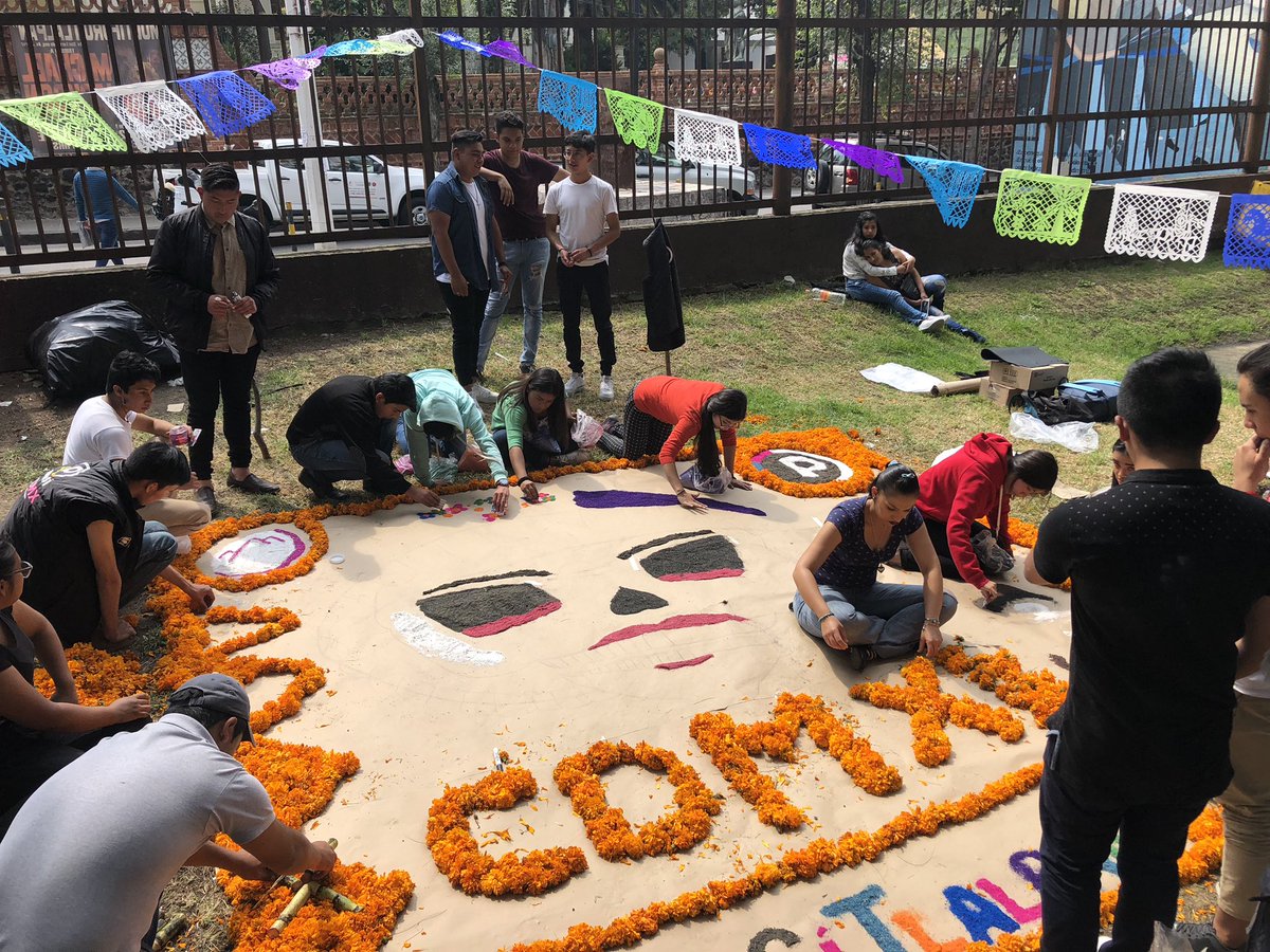 TlalpanSi's tweet photo. En México estamos próximos a festejar el Día de muertos. Los tapetes florales de día de muertos integran lo que es la flor de cempasúchil, flor de terciopelo y nube entre otras más, así quedó el de #PrepaSiTlalpan que realizaron las y los jóvenes en la Alcaldía @TlalpanAl https://t.co/s5opFelSGq
