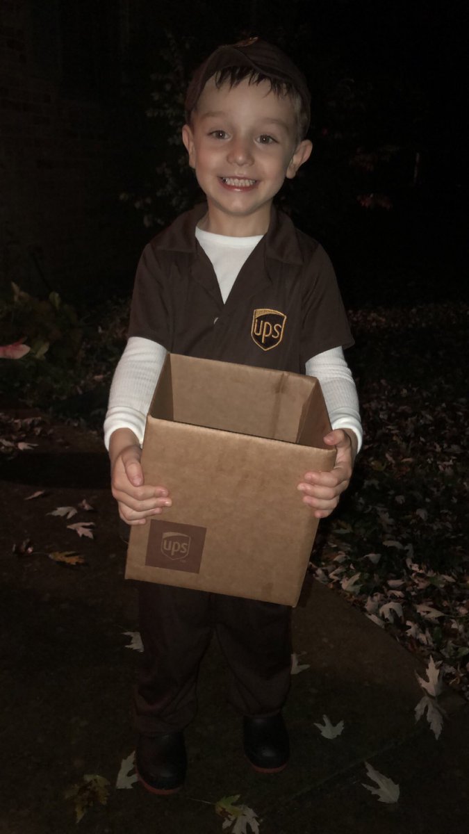 ally_mcdow's tweet photo. @UPS my nephew wants to be a UPS Driver when he grows up. Check out his cool Halloween costume &amp; candy box! He literally wears his UPS gear every day! He loves delivering packages! 💙 https://t.co/FgKyO94JUr