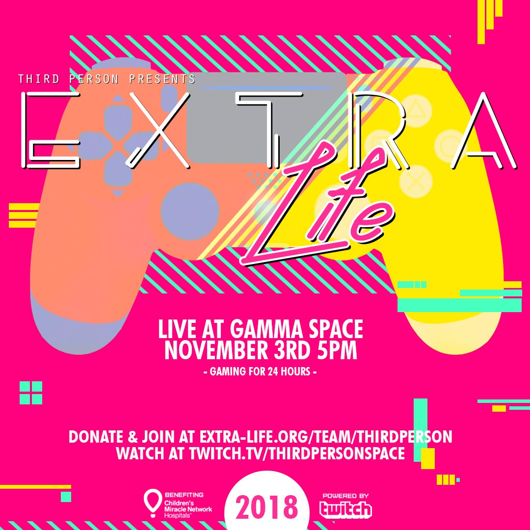 Come watch me 7-9pm this Saturday, Nov 3, as I stream for #ExtraLife2018 and SickKids! 

Ways you can help:
- Donate here: extra-life.org/team/thirdpers…
- RT this post
- Come drop by the stream and say hi!

You might even win some game keys! 

twitch.tv/thirdpersonspa…