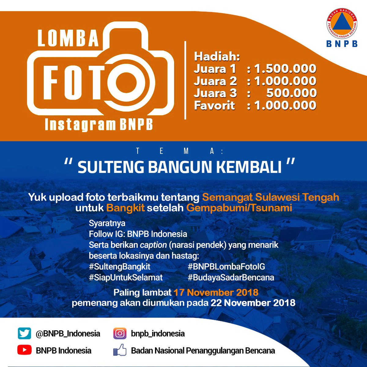 Ayo rekan-rekan pejuang kemanusiaan yang pernah terjun dan ambil foto di Sulteng. Tunjukkan Sulteng bangkit dan bangun kembali,melalui kegiatan ini. #SultengBANGKIT #SultengBangunKembali #SiapUntukSelamat #BudayaSadarBencana <a href="/humaspolsulteng/">HUMAS POLDA SULTENG</a> <a href="/DDsulsel/">Dompet Dhuafa Sulsel</a> <a href="/andrikomplong/">Andri Sulistyo</a>